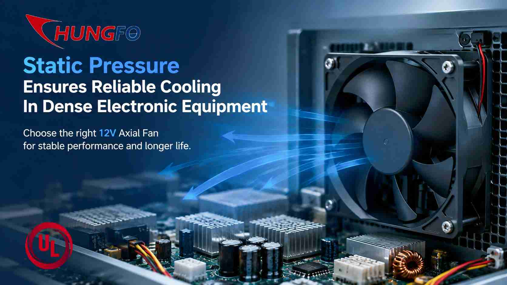Pourquoi la pression statique est-elle cruciale lors de la spécification d’un ventilateur axial 12V pour des équipements électroniques denses ?